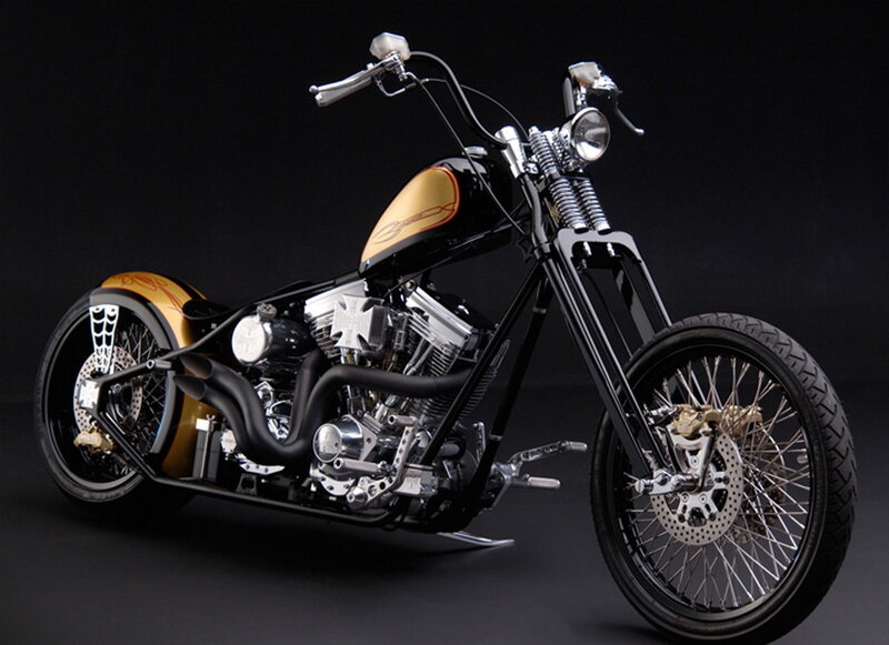 Custom Chopper Motorcycle — Black, Dramatic, Photograph, Engine, Spoked Wheels