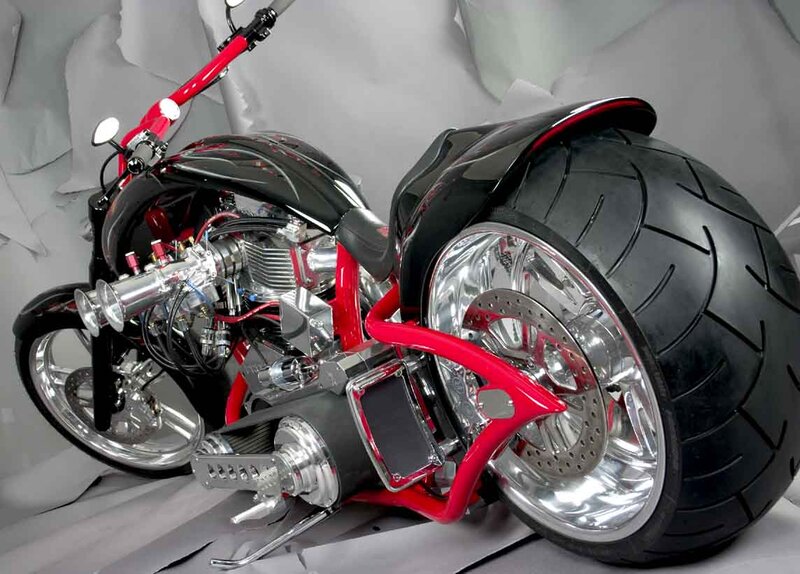 Custom Chopper Motorcycle — Black, Dramatic, Photograph, Engine