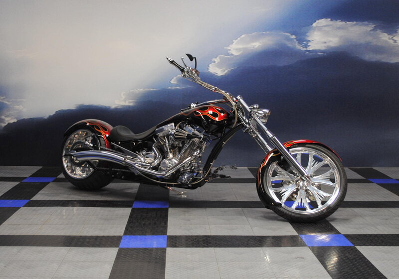 Custom Chopper Motorcycle — Black, Dramatic, Photograph, Flame Design