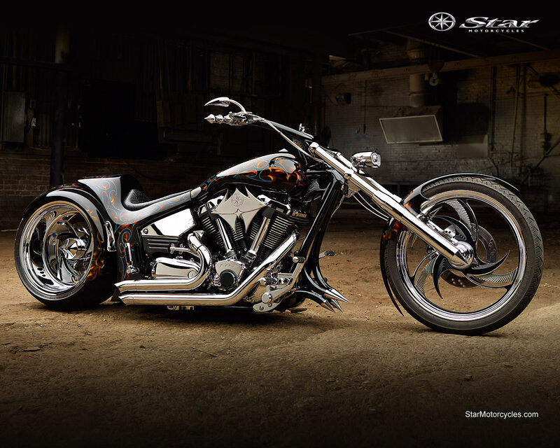 Custom Chopper Motorcycle — Black, Dramatic, Photograph, Flame Paint