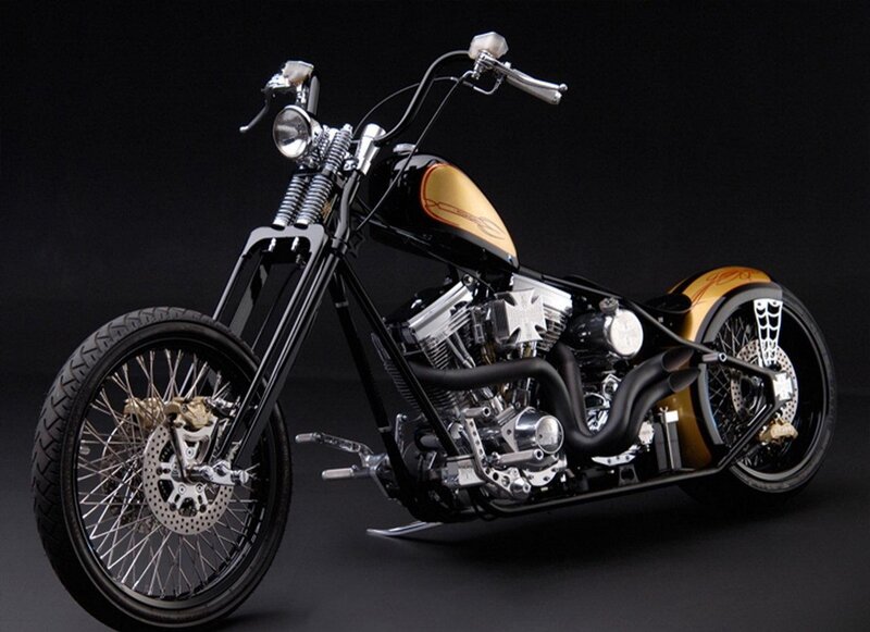 Custom Chopper Motorcycle — Black, Dramatic, Photograph, Fuel Tank, Engine, Spoked Wheels