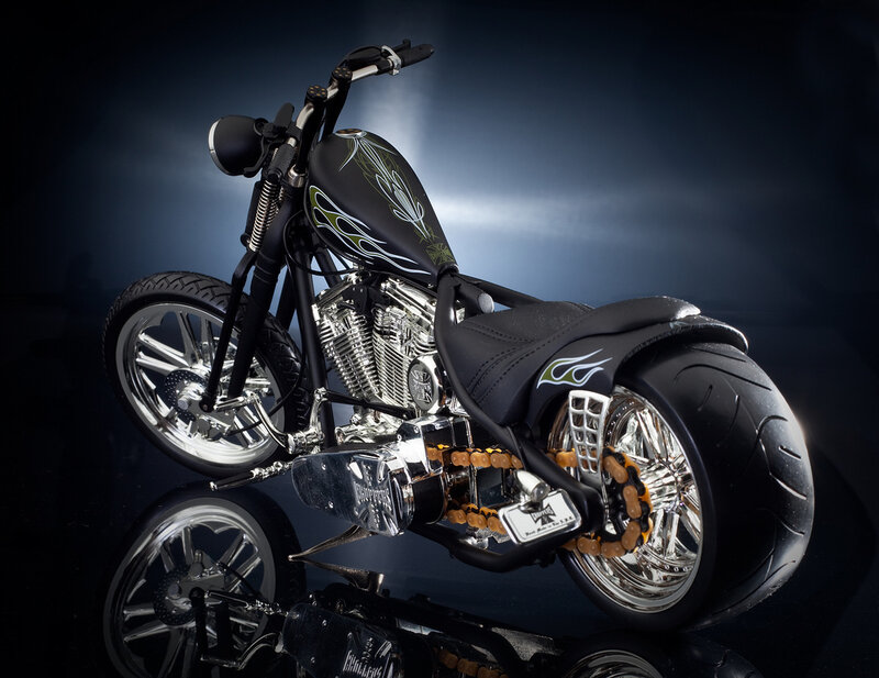 Custom Chopper Motorcycle — Black, Dramatic, Photograph, Fuel Tank, Engine, Wheel, Silver, Blue