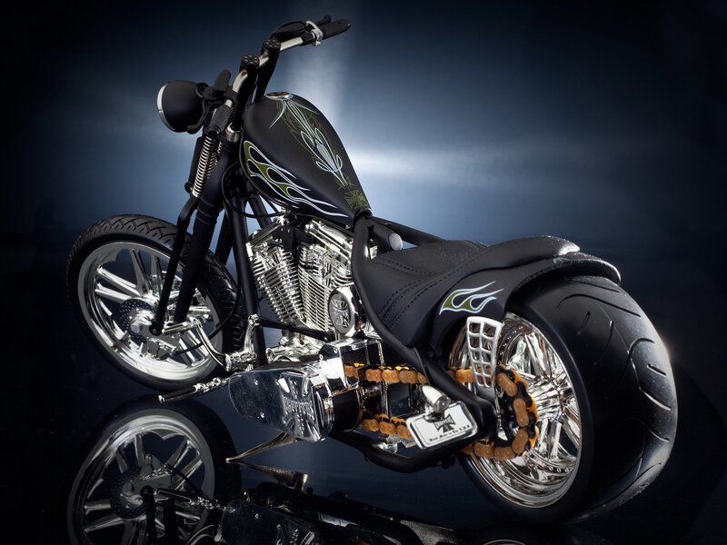 Custom Chopper Motorcycle — Black, Dramatic, Photograph, Fuel Tank, Engine, Wheel, Silver