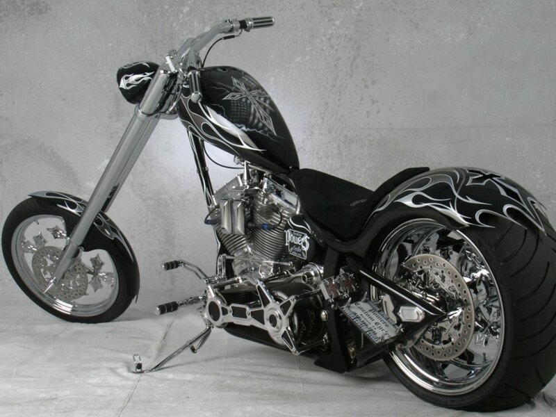 Custom Chopper Motorcycle — Black, Dramatic, Photograph, Fuel Tank, Engine, Wheel