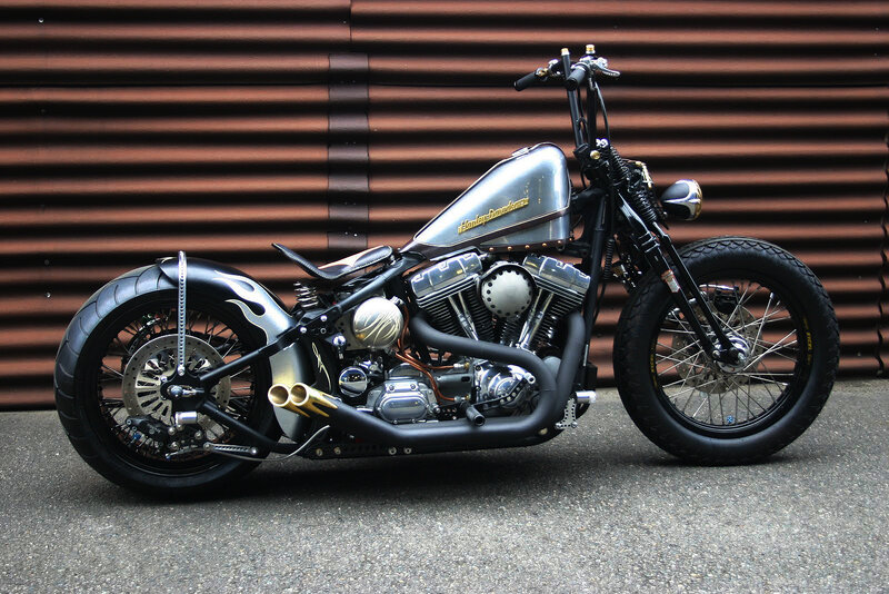 Custom Chopper Motorcycle — Black, Dramatic, Photograph, Fuel Tank, Engine, Wheels