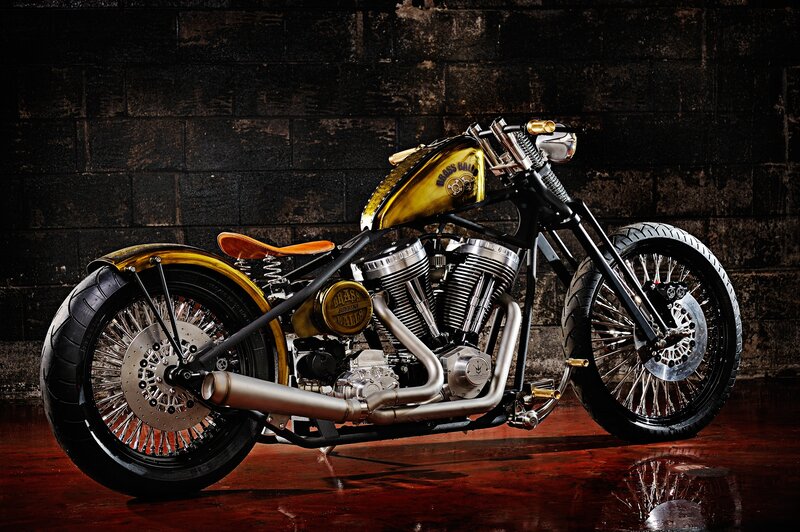 Custom Chopper Motorcycle — Black, Dramatic, Photograph, Fuel Tank, Spoked Wheels, Exhaust Pipes