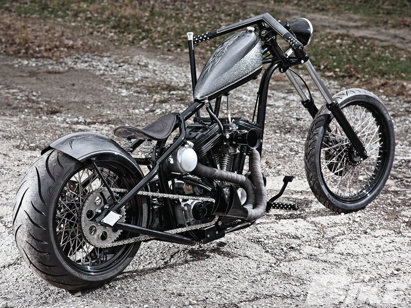 Custom Chopper Motorcycle — Black, Dramatic, Photograph, Fuel Tank, Spoked Wheels, Exposed Engine
