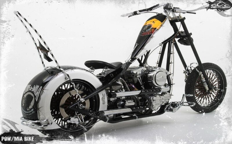 Custom Chopper Motorcycle — Black, Dramatic, Photograph, Fuel Tank, Spoked Wheels