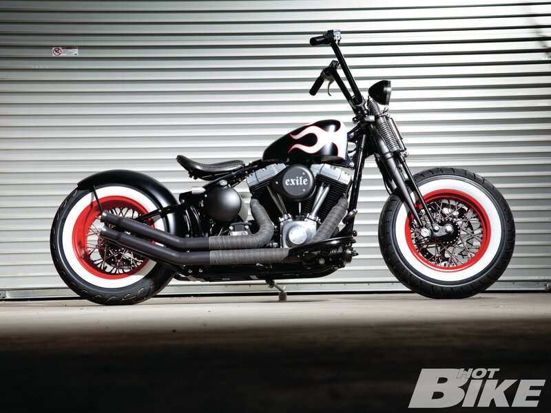 Custom Chopper Motorcycle — Black, Dramatic, Photograph, Gas Tank, Wheels