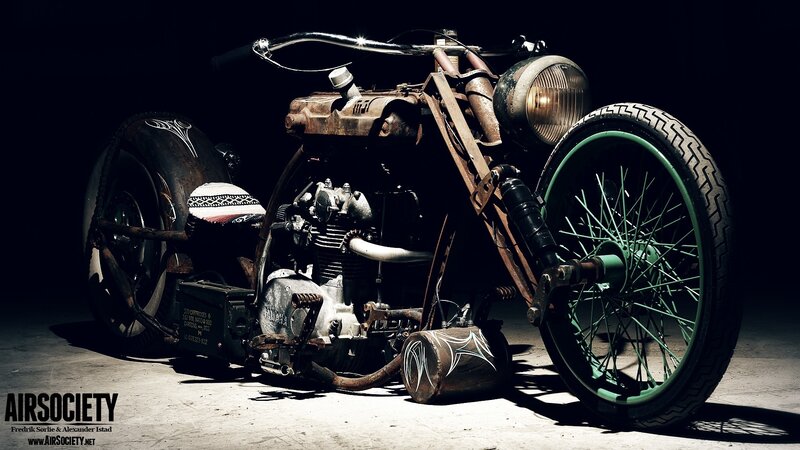 Custom Chopper Motorcycle — Black, Dramatic, Photograph, Headlight, Engine