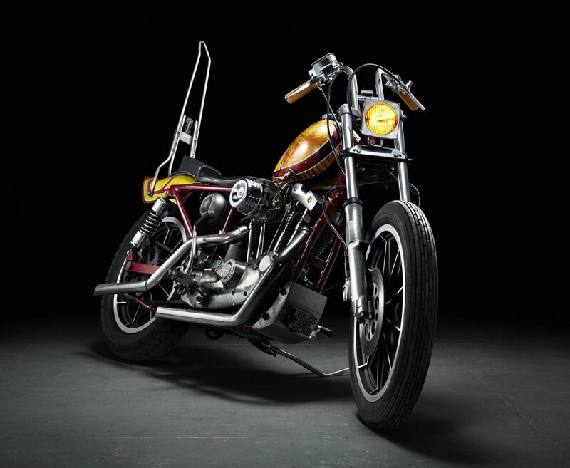 Custom Chopper Motorcycle — Black, Dramatic, Photograph, Headlight