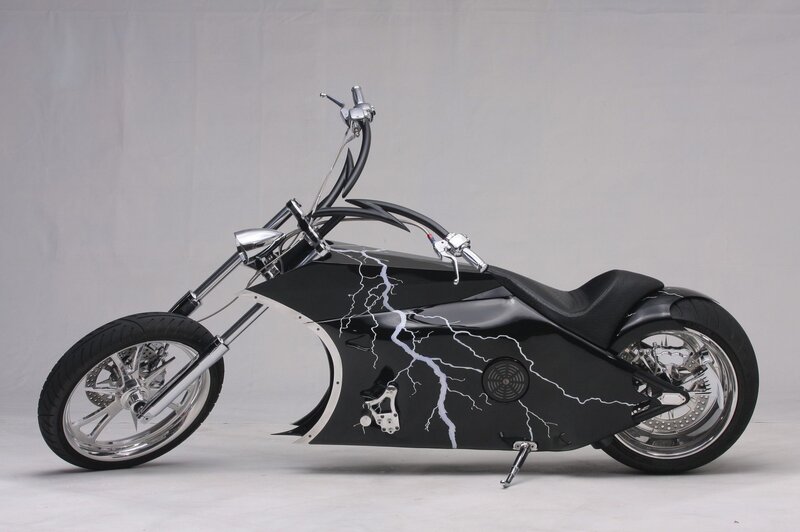 Custom Chopper Motorcycle — Black, Dramatic, Photograph, Lightning Bolts