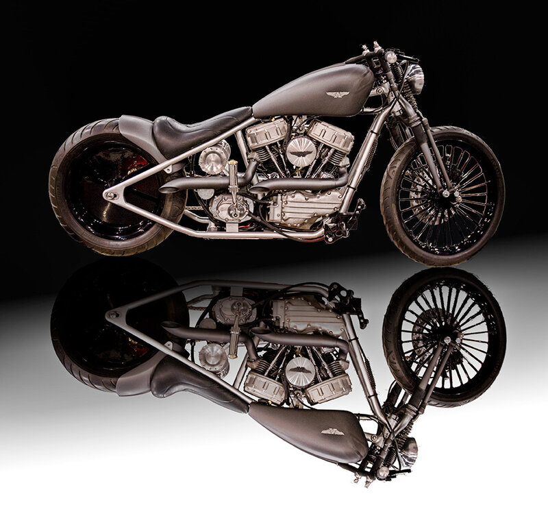 Custom Chopper Motorcycle — Black, Dramatic, Photograph, Seat, Engine