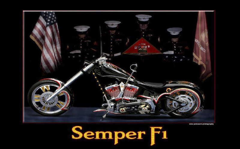 Custom Chopper Motorcycle — Black, Dramatic, Photograph, Soldiers, American Flag