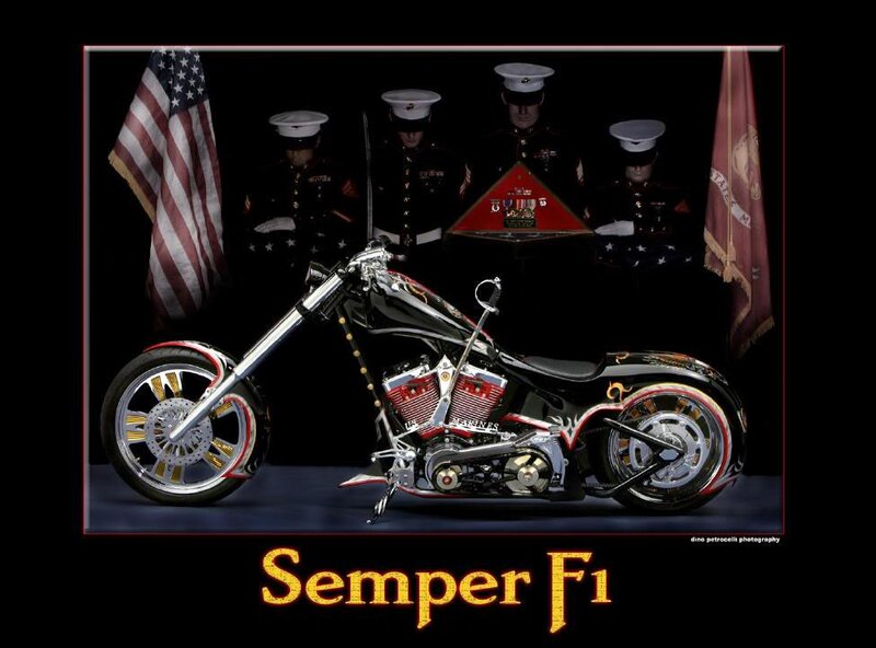 Custom Chopper Motorcycle — Black, Dramatic, Photograph, Soldiers