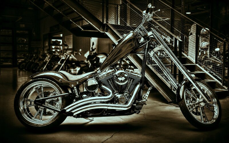 Custom Chopper Motorcycle — Black, Dramatic, Photograph, Staircase
