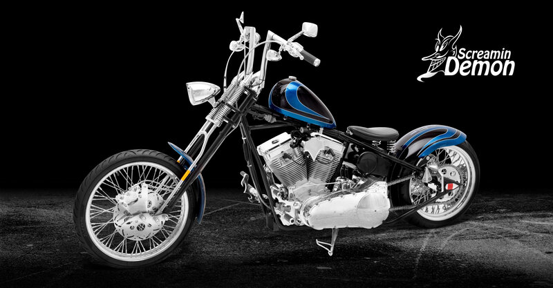 Custom Chopper Motorcycle — Black, Dramatic, Photograph