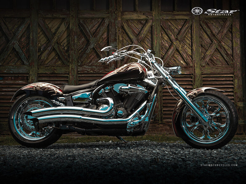 Custom Chopper Motorcycle — Black, Dramatic, Photograph, Wooden Wall