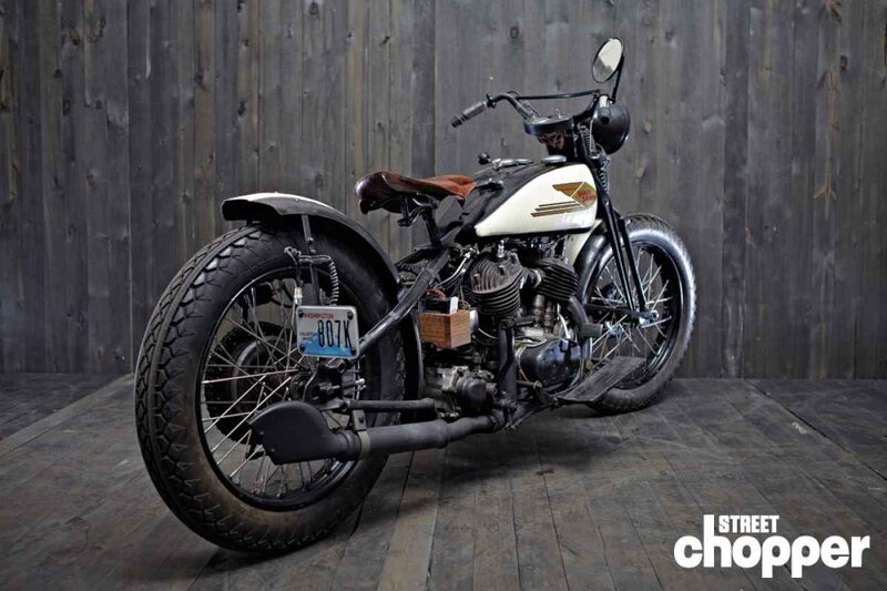Custom Chopper Motorcycle — Black, Dramatic, Photograph, Wooden Wall, Wooden Floor