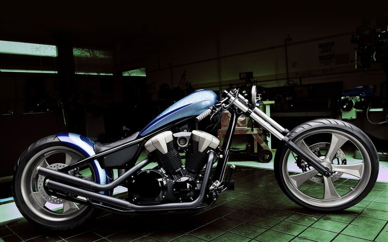 Custom Chopper Motorcycle — Black, Dramatic, Photograph, Workshop