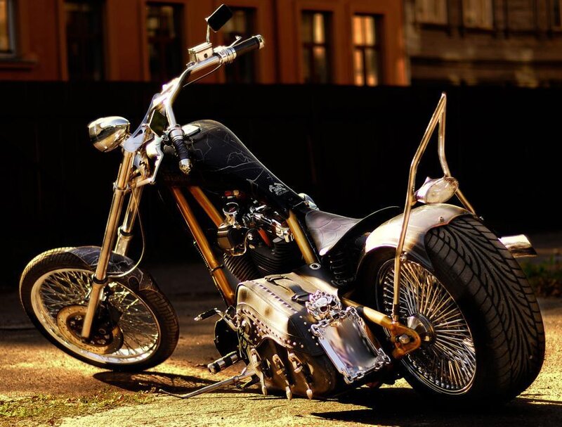 Custom Chopper Motorcycle — Black, Dramatic, Sunset, Photograph, Building