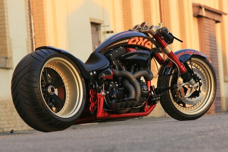 Custom Chopper Motorcycle — Black, Dramatic, Sunset, Photograph, Building, Tires