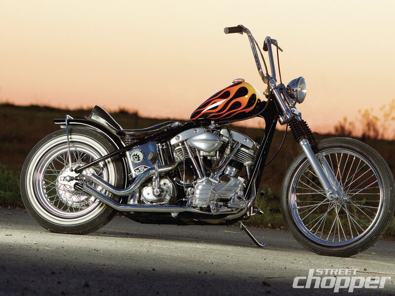 Custom Chopper Motorcycle — Black, Dramatic, Sunset, Photograph, Flame Paint