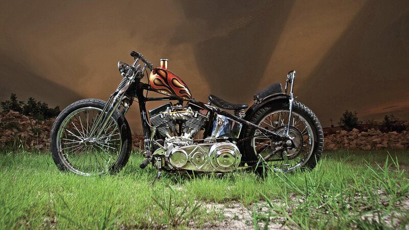 Custom Chopper Motorcycle — Black, Dramatic, Sunset, Photograph, Grass