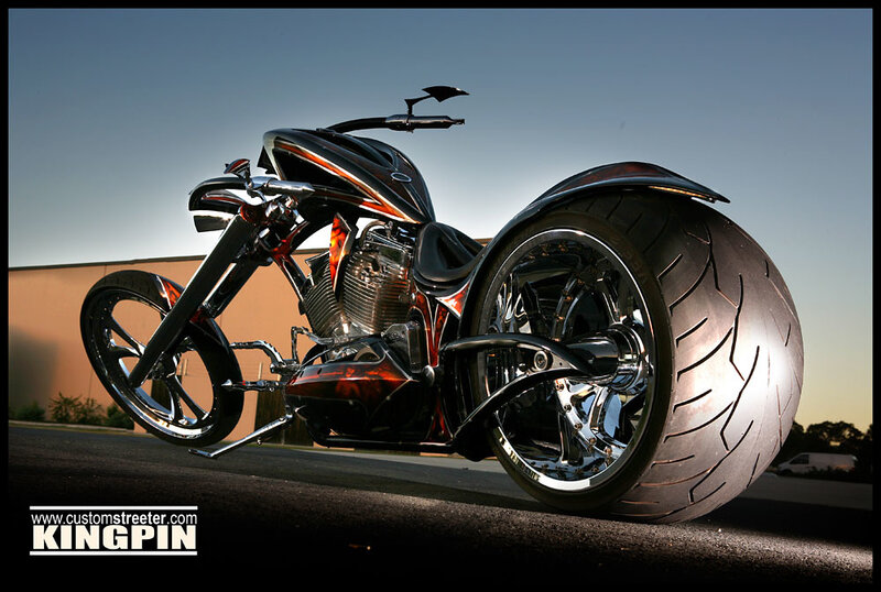 Custom Chopper Motorcycle — Black, Dramatic, Sunset