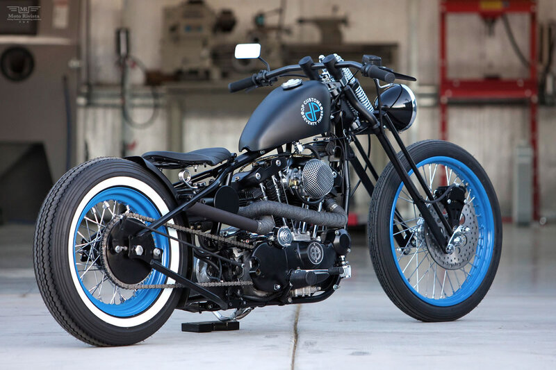 Custom Chopper Motorcycle — Black, Industrial, Photograph, Workshop, Engine