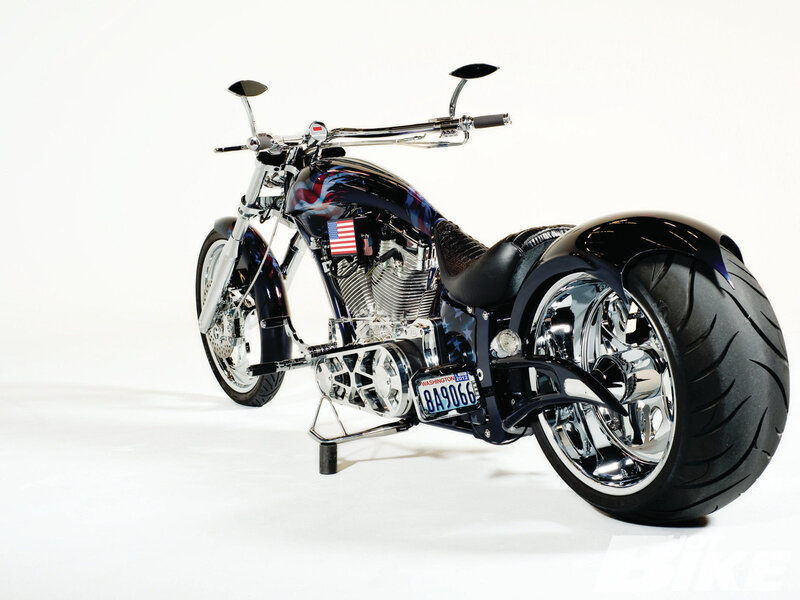 Custom Chopper Motorcycle — Black, Neutral, Photograph, American Flag