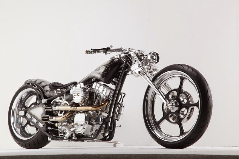 Custom Chopper Motorcycle — Black, Neutral, Photograph, Engine, Chrome