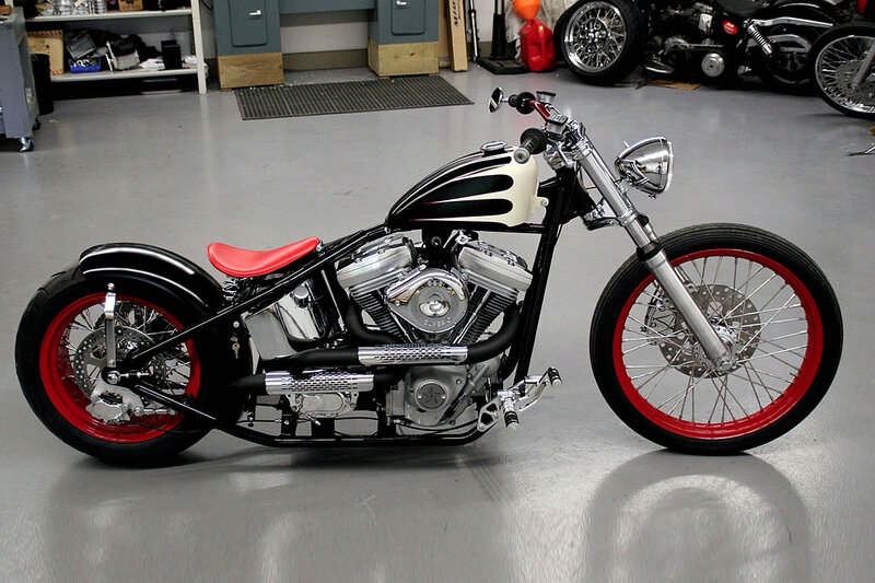 Custom Chopper Motorcycle — Black, Neutral, Photograph, Red Seat