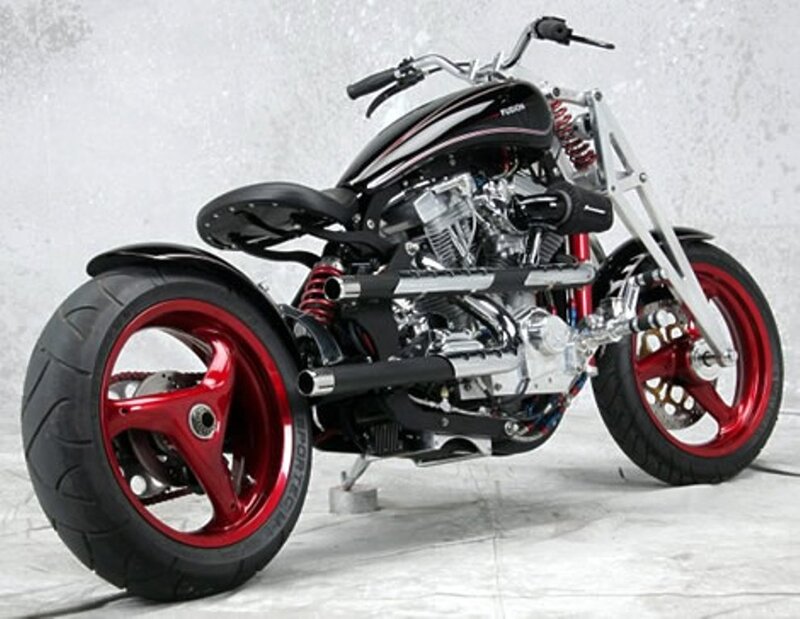 Custom Chopper Motorcycle — Black, Neutral, Photograph, Seat, Engine, Wheels, Red