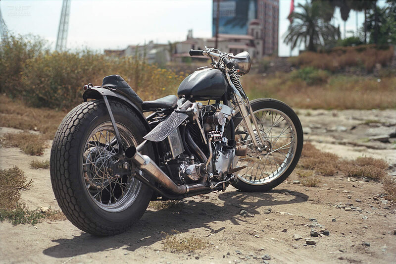 Custom Chopper Motorcycle — Black, Outdoor, Afternoon, Photograph, Dirt Ground