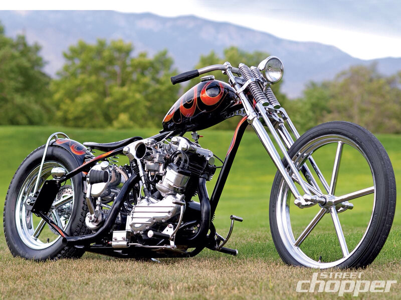 Custom Chopper Motorcycle — Black, Serene, Afternoon, Photograph, Grass