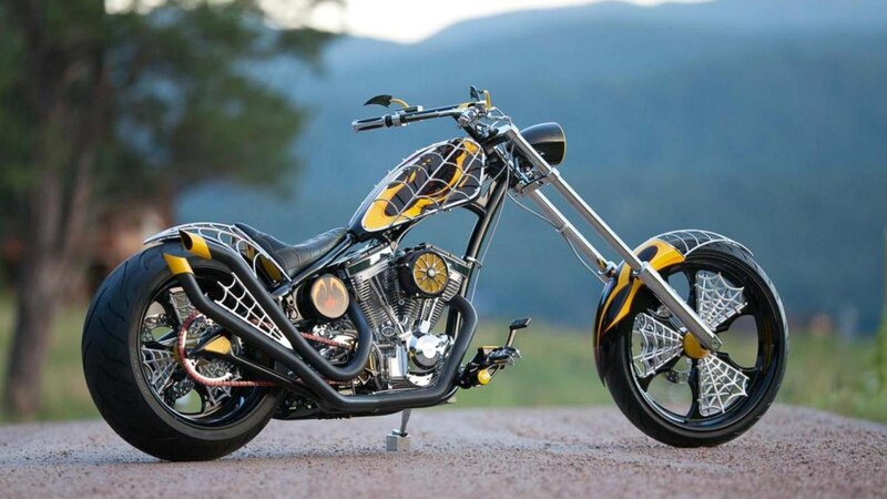 Custom Chopper Motorcycle — Black, Serene, Afternoon, Photograph, Mountains, Trees, Road