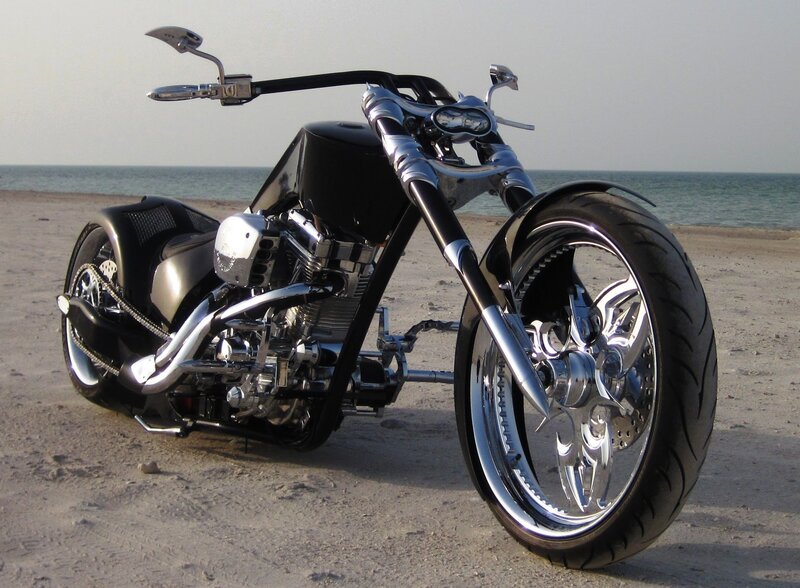 Custom Chopper Motorcycle — Black, Serene, Sunset, Photograph, Beach