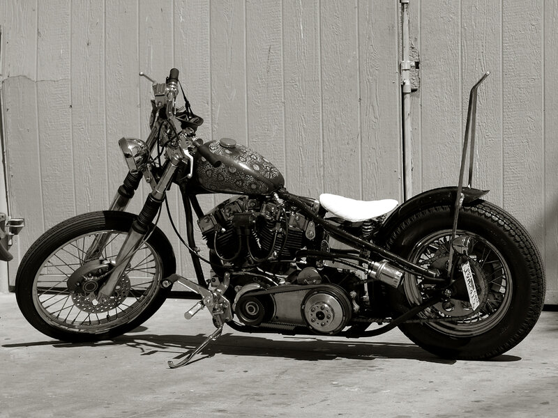 Custom Chopper Motorcycle — Black, Static, Afternoon, Photograph, Gas Tank