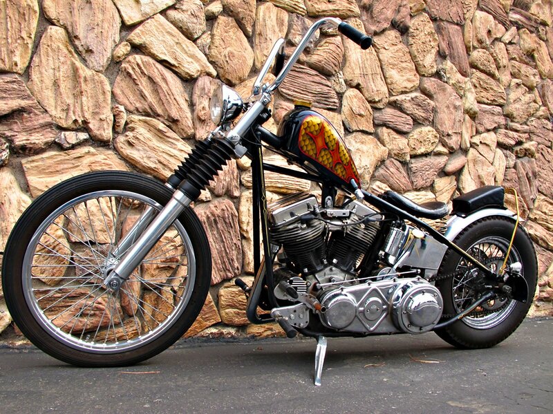 Custom Chopper Motorcycle — Black, Static, Afternoon, Photograph, Stone Wall