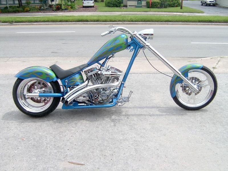 Custom Chopper Motorcycle — Blue, Calm, Afternoon, Photograph, Road
