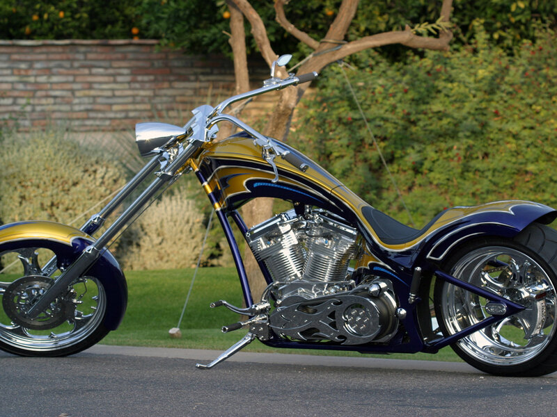 Custom Chopper Motorcycle — Blue, Calm, Afternoon, Photograph, Tree