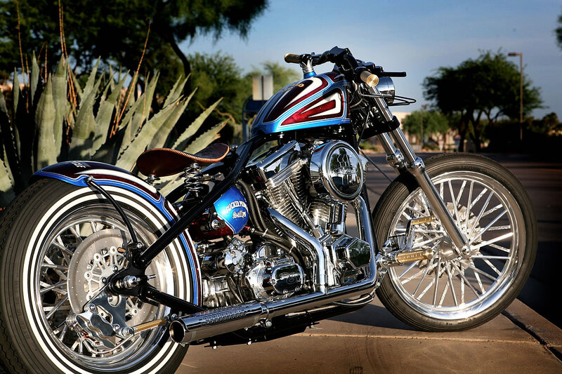 Custom Chopper Motorcycle — Blue, Dramatic, Afternoon