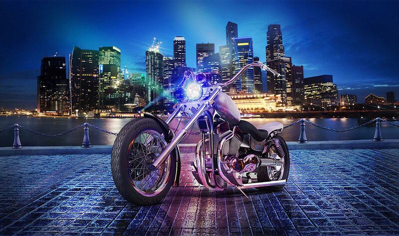 Custom Chopper Motorcycle — Blue, Dramatic, Night, Digital Art