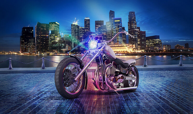 Custom Chopper Motorcycle — Blue, Dramatic, Night