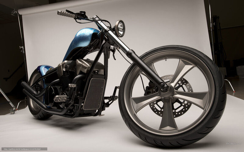 Custom Chopper Motorcycle — Blue, Dramatic, Photograph, Studio Backdrop
