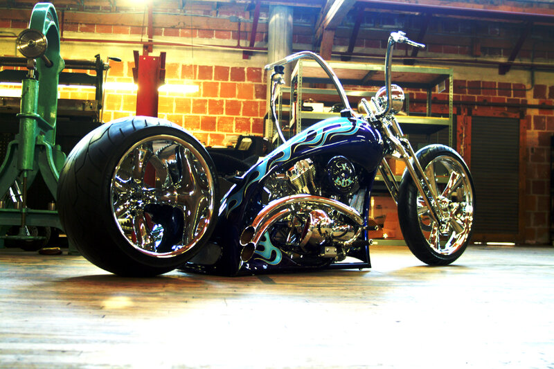 Custom Chopper Motorcycle — Blue, Dramatic, Photograph