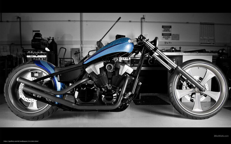 Custom Chopper Motorcycle — Blue, Dramatic, Photograph, Workshop