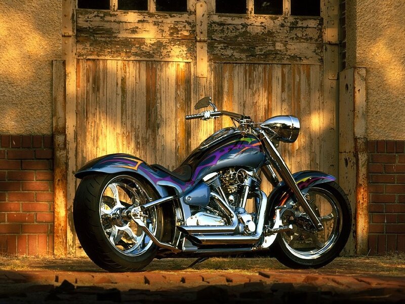 Custom Chopper Motorcycle — Blue, Dramatic, Sunset