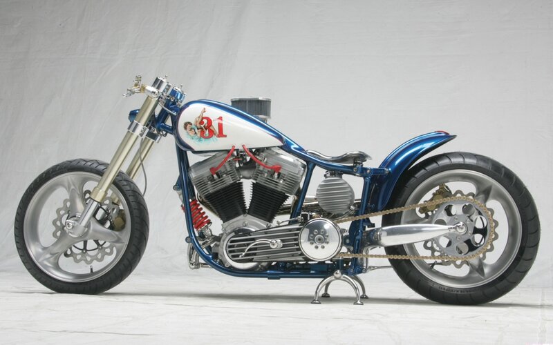 Custom Chopper Motorcycle — Blue, Neutral, Photograph, Gas Tank
